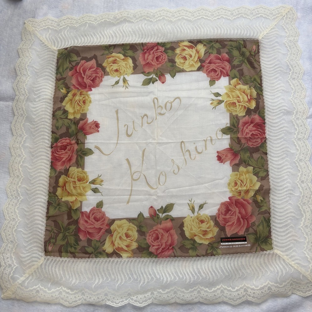 JUNKO KOSHINO Scarf Handkerchief Floral Rose Lace Trim Cotton White Fashion 23"
